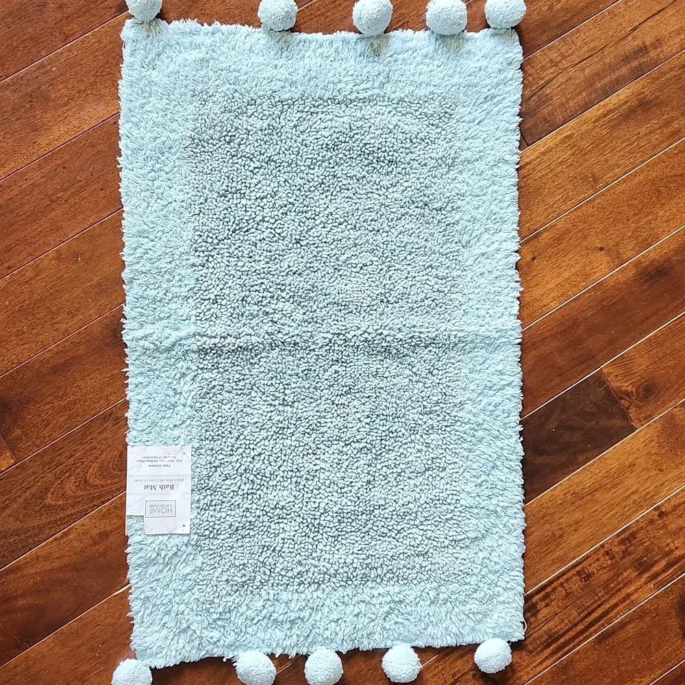 Boho Bath Mat Rug with Ball Fringe Blue‎ Cotton pompoms